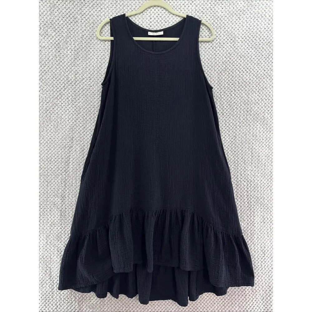 bryn WALKER Angelina Tank Dress Womens S Black Waffle Brush Cotton Scoop Hi-Lo